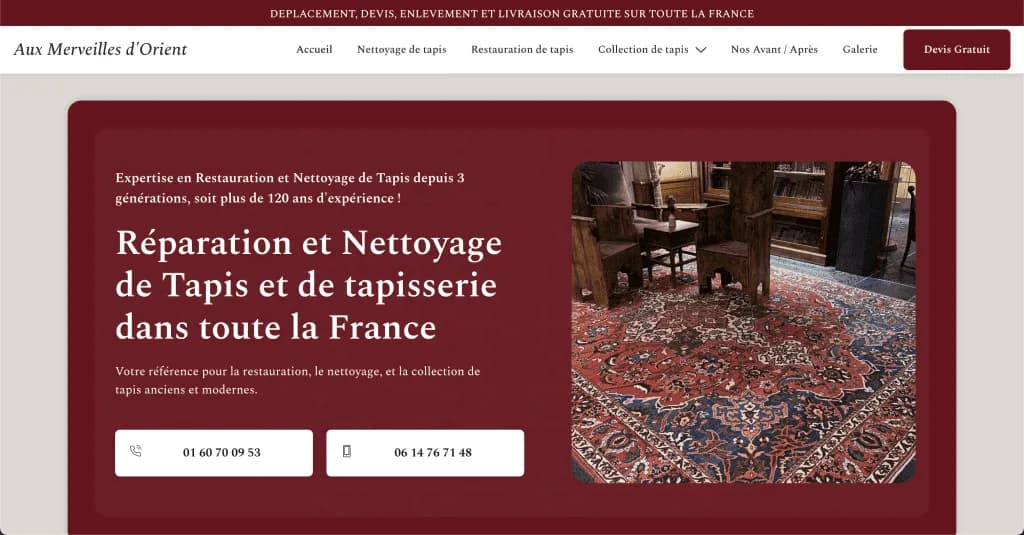 Site internet de Aux Merveilles d'Orient (Réparation & Nettoyage de Tapis), conçu par Agence Zen
